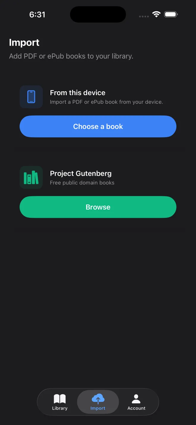 VocaRead Import - Add books from device or Gutenberg